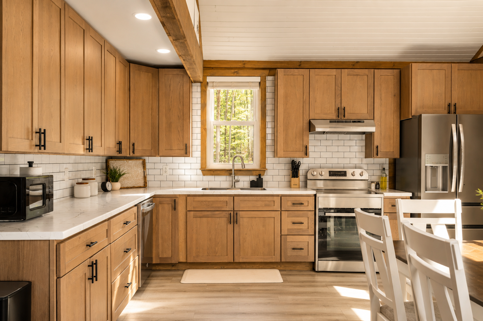 Oak kitchen with subway tile backsplash and beam