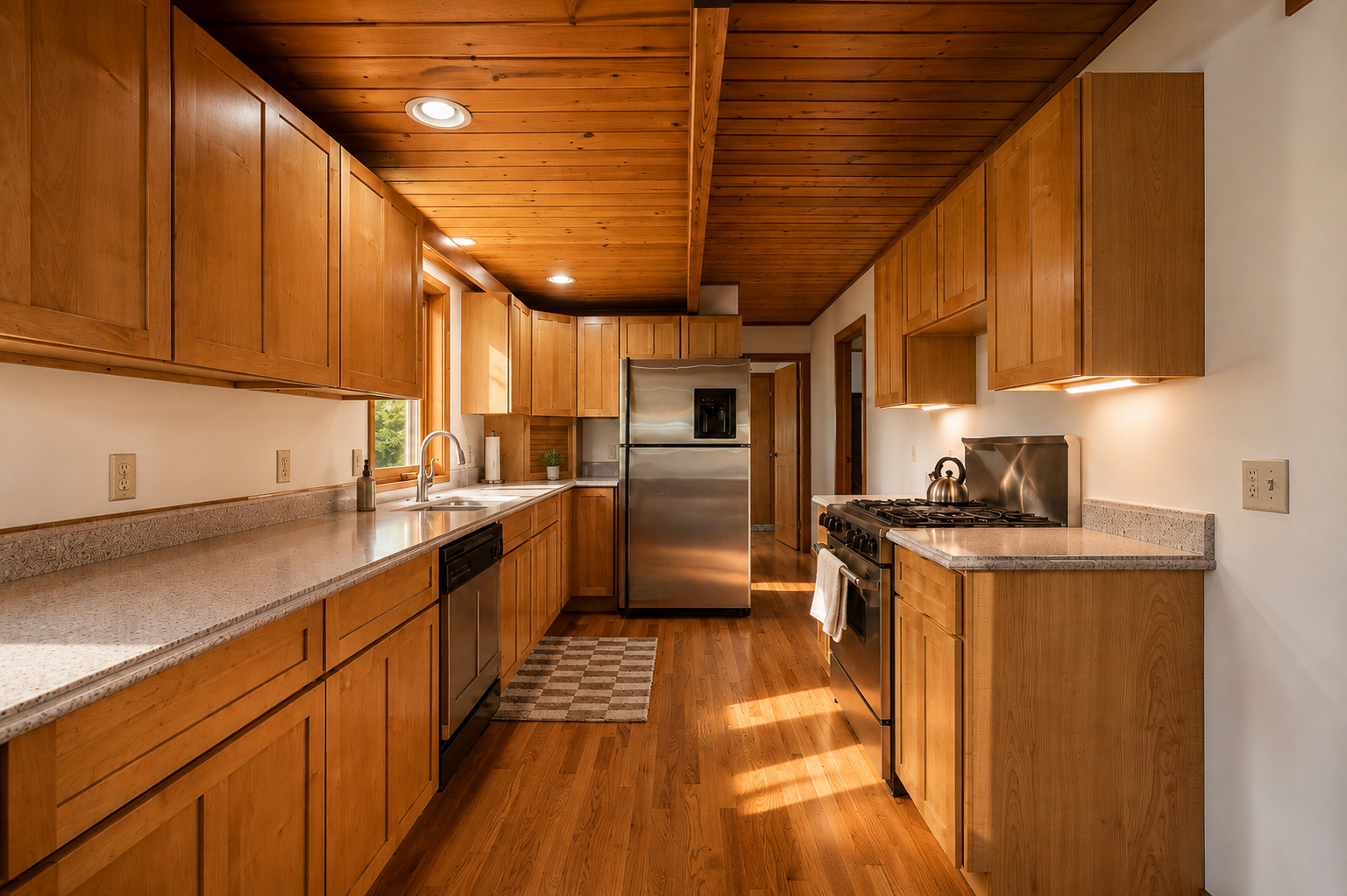 Cabin kitchen with wood ceiling and stainless appliances