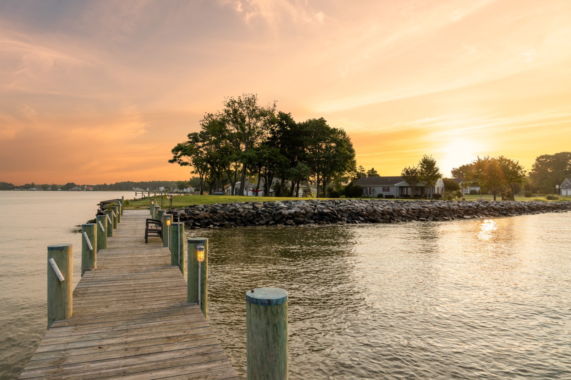 Private dock at sunset overlooking the bay