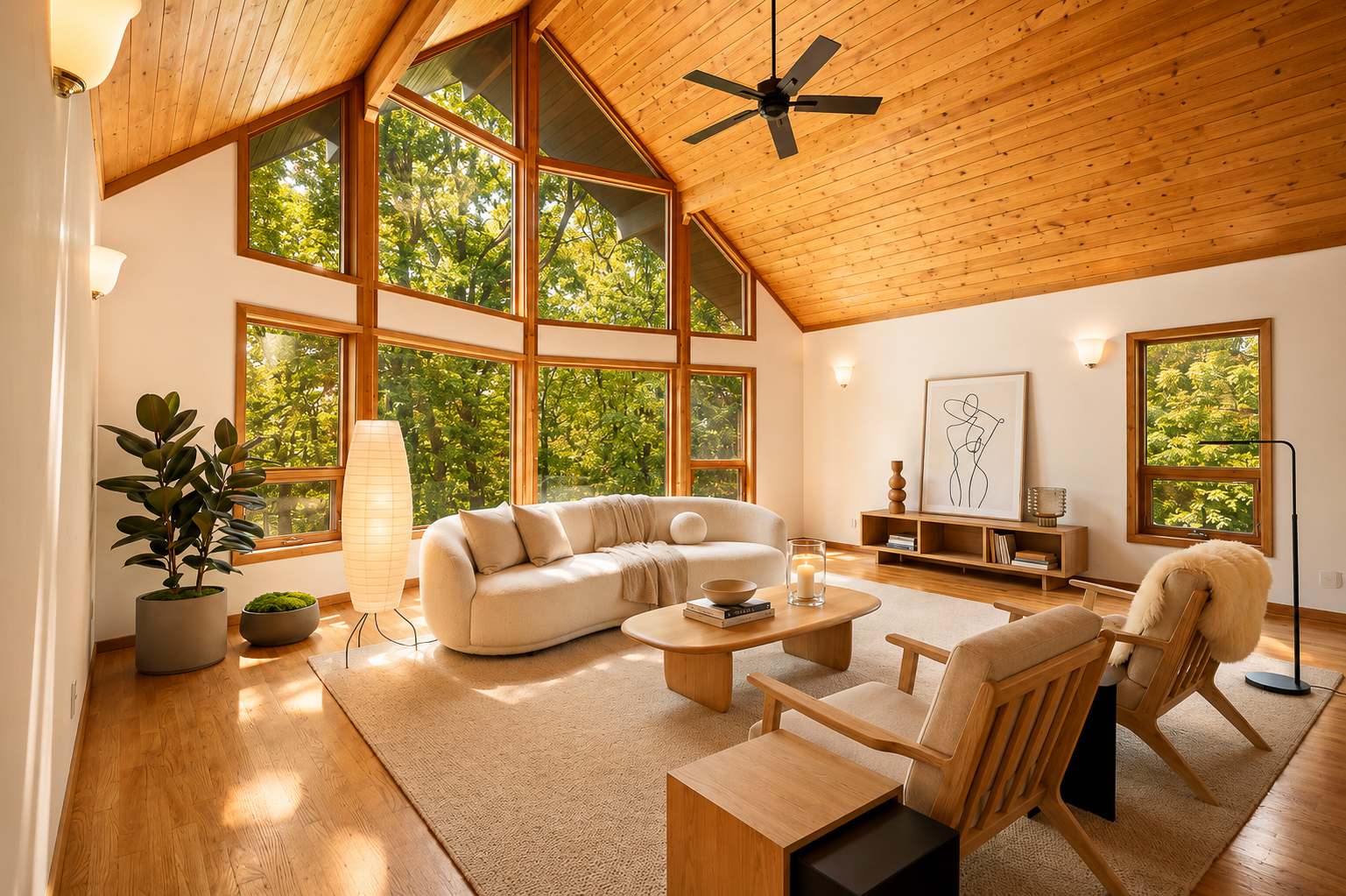 Vaulted living room with wood ceiling and forest views