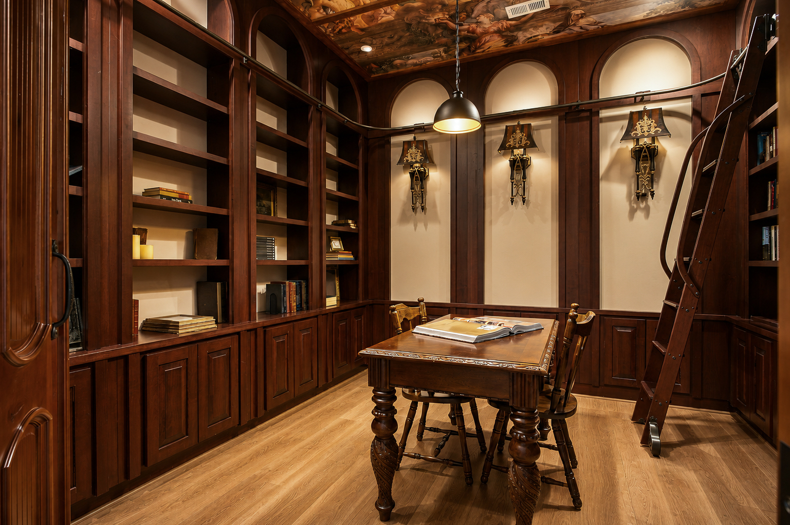 Wood-paneled library with rolling ladder and painted ceiling