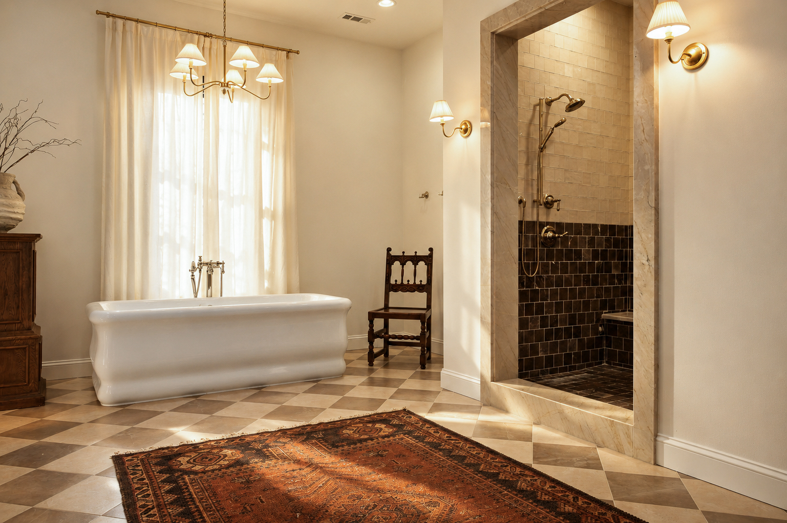 Classic bath with freestanding tub and marble shower