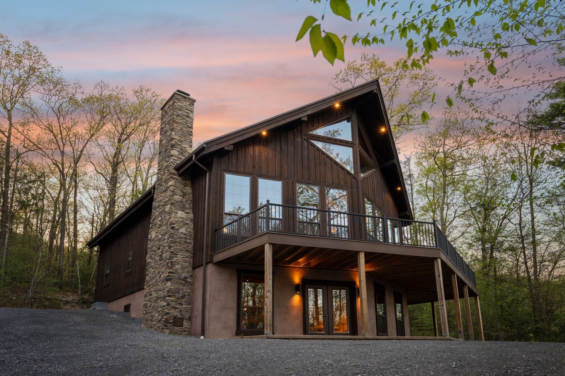 Modern cabin exterior at dusk